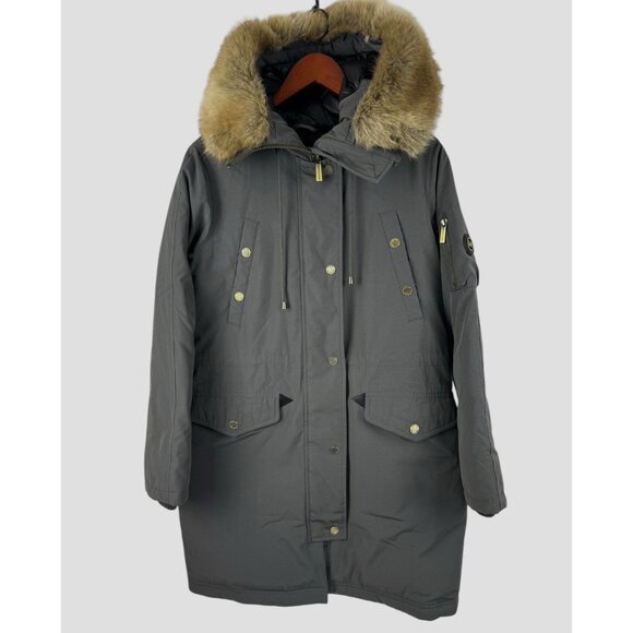 Michael Kors Womens Down Coat M Gray Faux Fur Hood Mid Length Winter Jacket - Picture 1 of 13